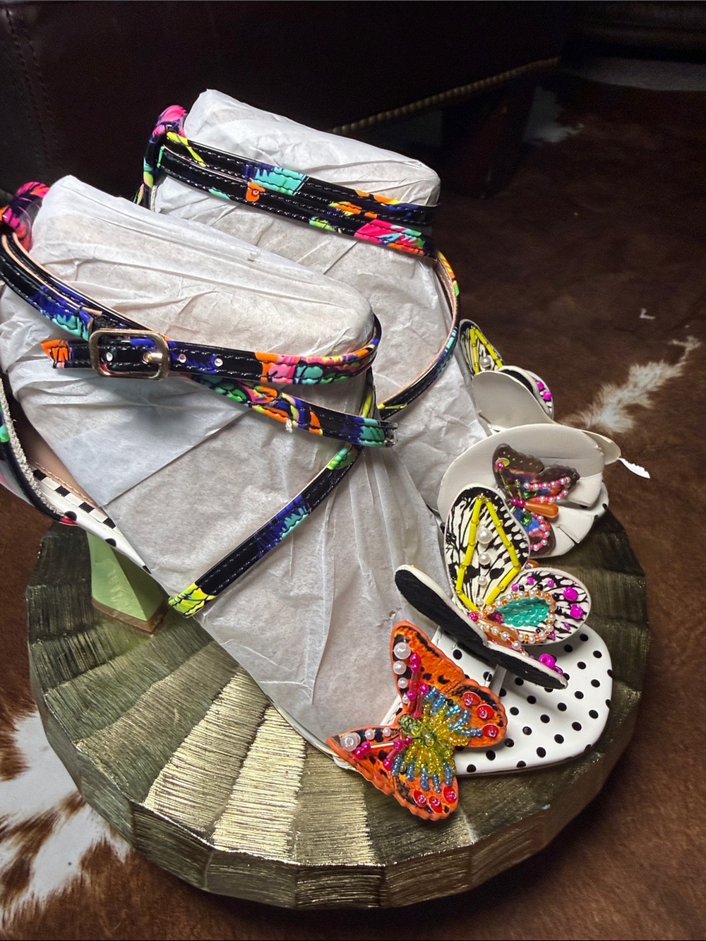 Betsey Johnson White Polka Dot Butterfly Ankle Strap Heels - Picture 4 of 6